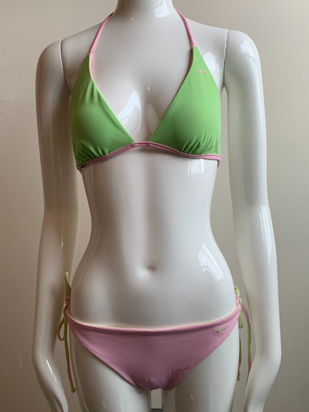 Guess lime & light pink solid reversible bikini